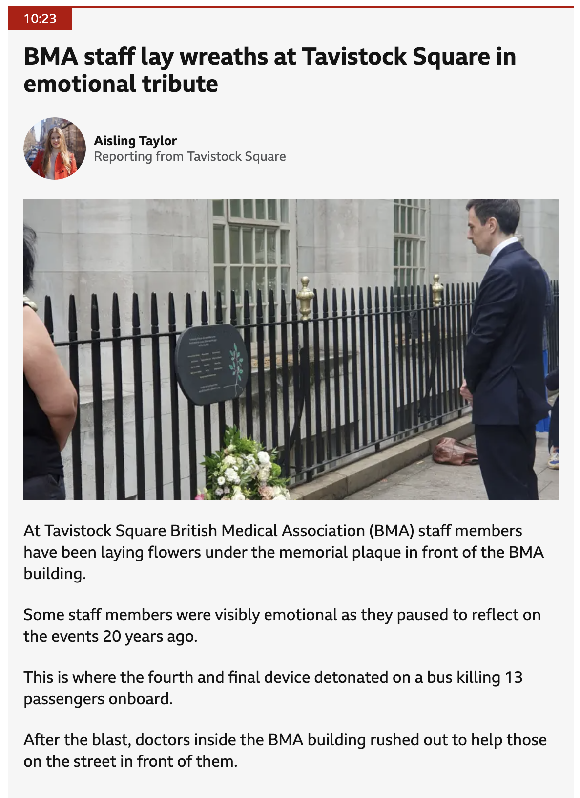 BBC live page post about the 20th anniversary of 7/7 attacks
